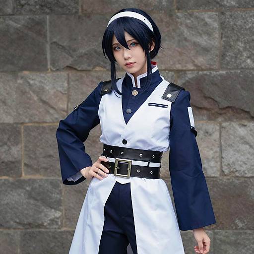 CGI image of a young anime-style woman with black hair, wearing a black and white military-inspired maid outfit, standing against a stone wall.