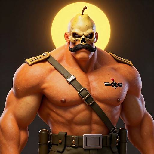 CGI image of a muscular, shirtless man with a skull mask, black mustache, yellow halo, black strap, and star tattoo.