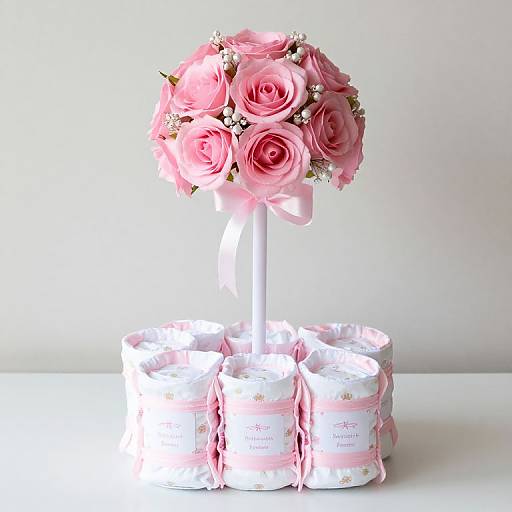 Photograph of a bouquet of pink roses atop a white stand, surrounded by six wrapped baby diaper sets with pink ribbons.