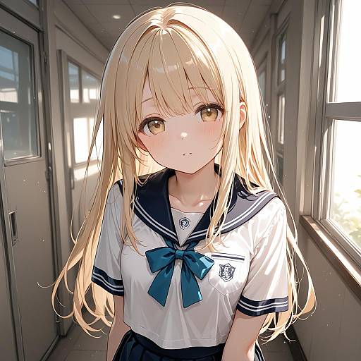 Blonde Girl in School Uniform in Hallway
