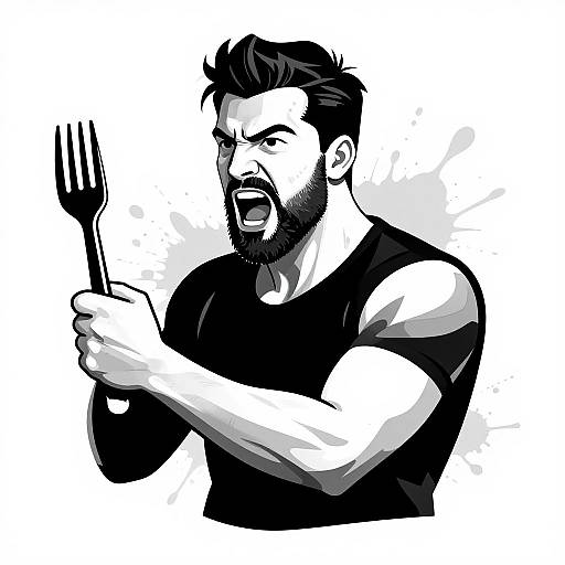 Black-and-white digital illustration of a muscular, bearded man with a fierce expression, yelling while holding a fork. He wears a black shirt and has