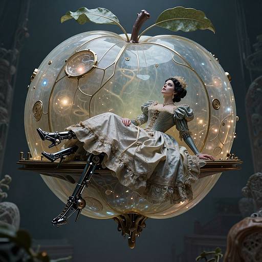 Steampunk-style woman in elaborate dress and boots, reclining in a glowing, ornate apple-shaped glass enclosure with leafy top. Photographic