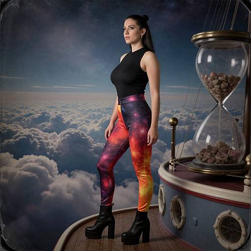 Photograph of a confident woman with dark hair in a bun, black sleeveless top, and colorful galaxy-patterned leggings, standing on a floating platform