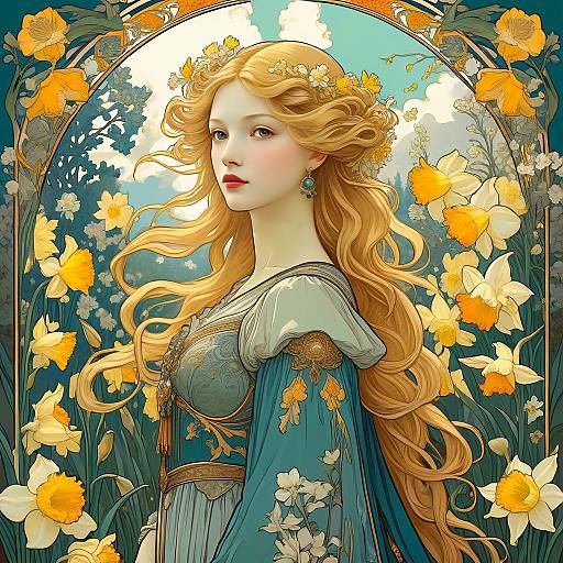 Art Nouveau Woman with Daffodils