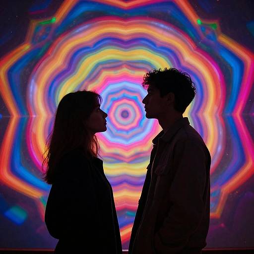 Silhouetted couple facing each other, with vibrant, multicolored, hypnotic spiral patterns in the background. Photograph, colorful, abstract,