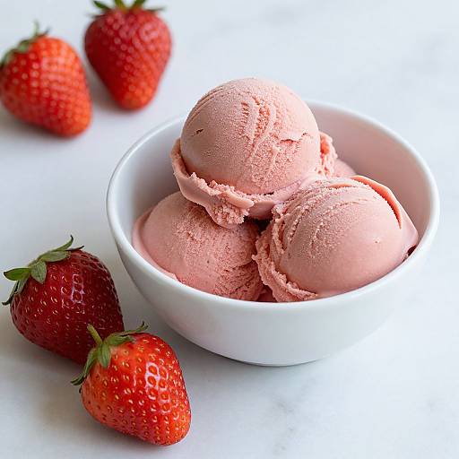 Photograph of pink ice cream scoops in a white bowl, surrounded by four bright red strawberries on a white surface.