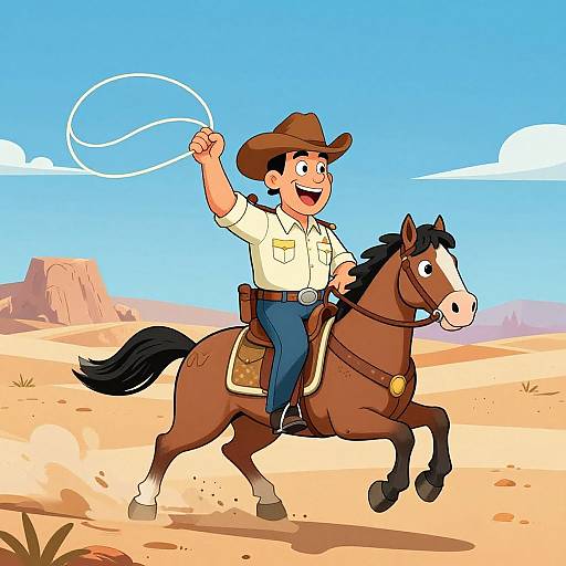 Cartoon cowboy in brown hat, white shirt, blue jeans, riding brown horse, lasso in hand, smiling, desert background, bright blue sky