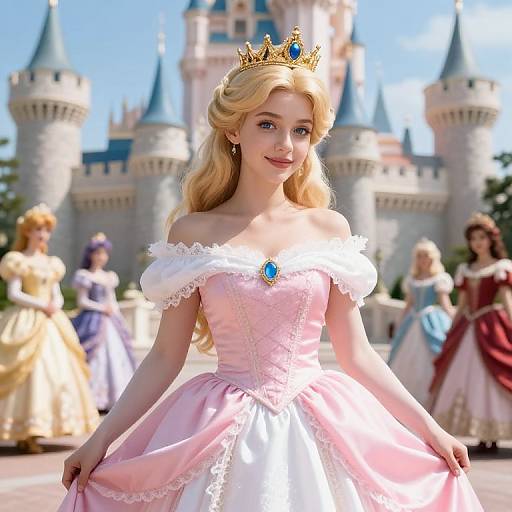 Photorealistic digital art of a blonde princess in a pink and white off-shoulder gown, golden crown, blue gem, castle background, other