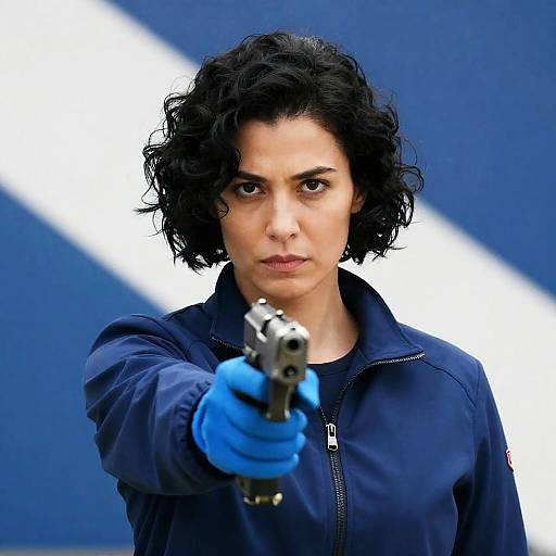 Serious Woman with Handgun and Blue Accents