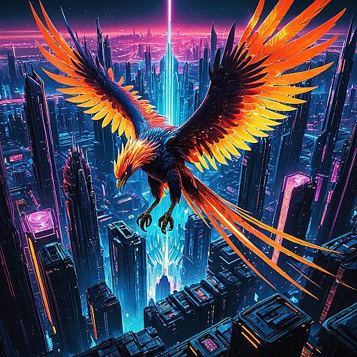Gigantic Crystalline Phoenix Over Cyberpunk City