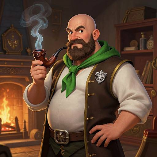 Digital illustration of a bald, bearded man with a green scarf, smoking a pipe, in a cozy, warmly lit study.