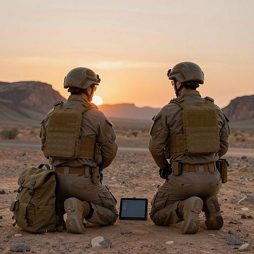 Two Armored Soldiers Kneeling in Desert at Sunset