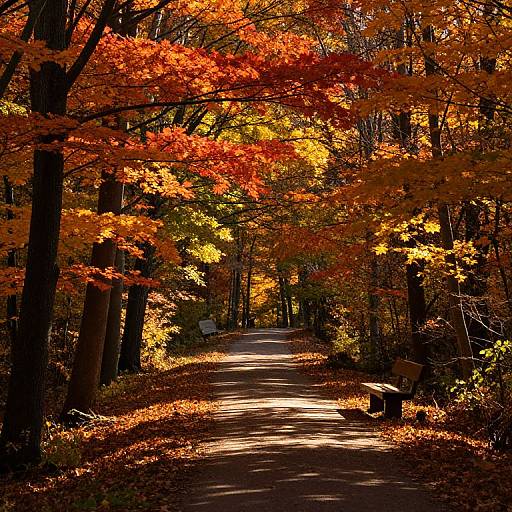 Photograph of a sunlit autumn forest path lined with vibrant orange and red leaves, casting dappled shadows on the ground.