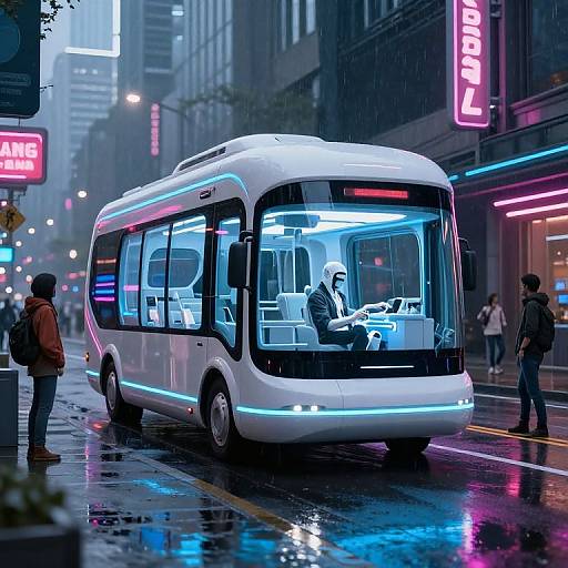 Photorealistic CGI of a futuristic white, neon-lit electric bus on a rainy, neon-lit city street, driver reading a tablet.