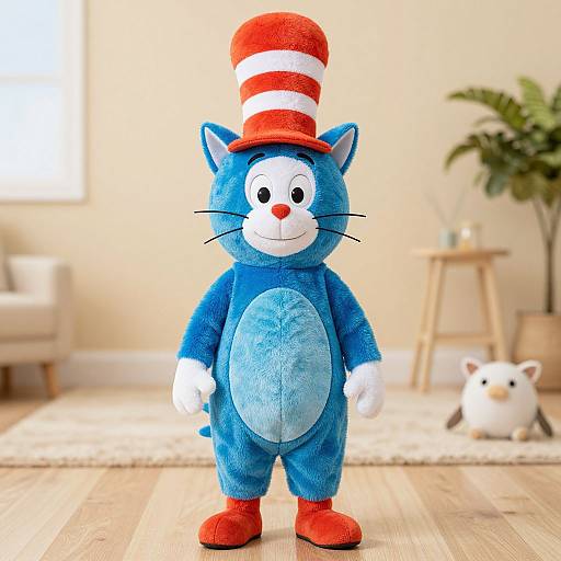 Photograph of a blue, plush, cartoon-style cat wearing a red and white striped hat, standing in a bright, modern living room.