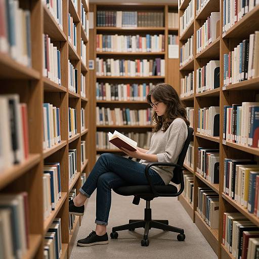 Photograph: Young woman with wavy brown hair, wearing glasses, white blouse, and blue jeans, reads a book in a wooden bookshelf-lined