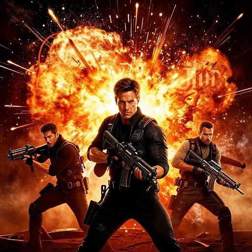 Photograph-style CGI of three intense, armed men in tactical gear, standing in a fiery explosion, ready to attack, with guns aimed forward.