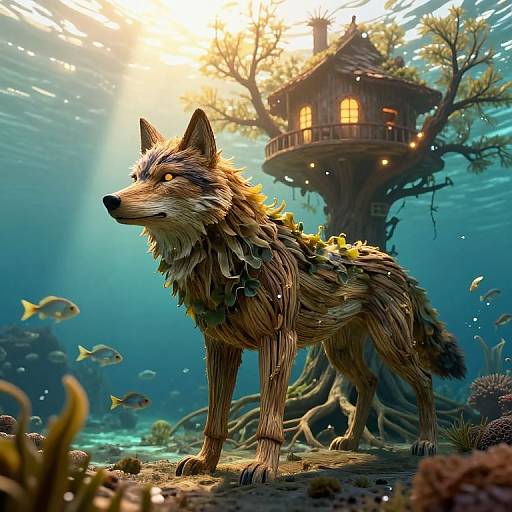 Digital artwork of a fantasy wolf with leafy fur, standing underwater near a whimsical treehouse with glowing lights, surrounded by fish. Sunlight filters