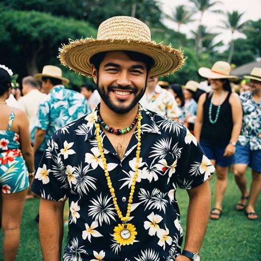 Smiling Man in Luau Outfit at Outdoor Party