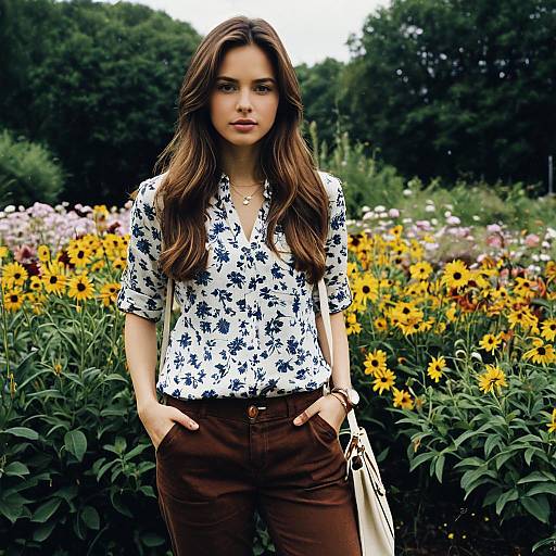 Young Woman Standing in Flower Garden