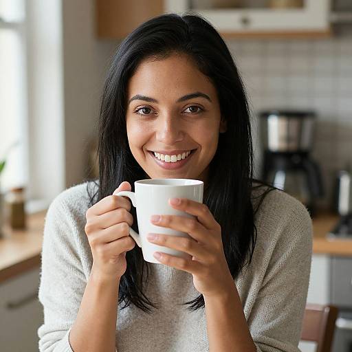Photograph of a smiling woman with long black hair, holding a white cup, wearing a light gray sweater, in a bright kitchen.