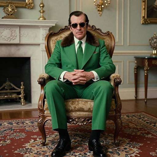 Photograph of a suave man in a green suit, white shirt, black tie, sunglasses, and black shoes, seated on ornate gold chair