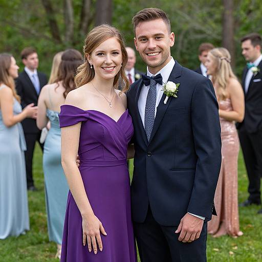 Photograph of a smiling couple at an outdoor wedding; she wears a purple off-shoulder dress, he in a black suit with bow tie,