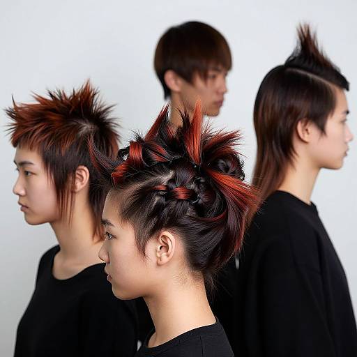 Photograph of four Asian individuals with spiky black and red hair, wearing black shirts, standing in profile against a white background.