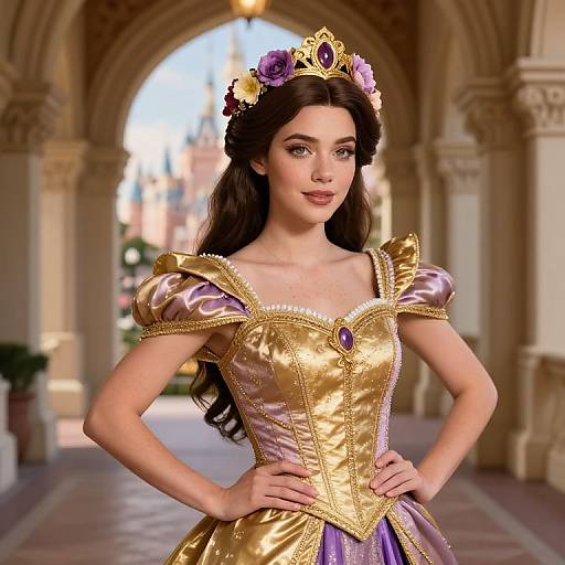 Digital artwork of a fair-skinned, dark-haired princess with a golden-purple ball gown, tiara, and crown jewels, standing confidently in an ar