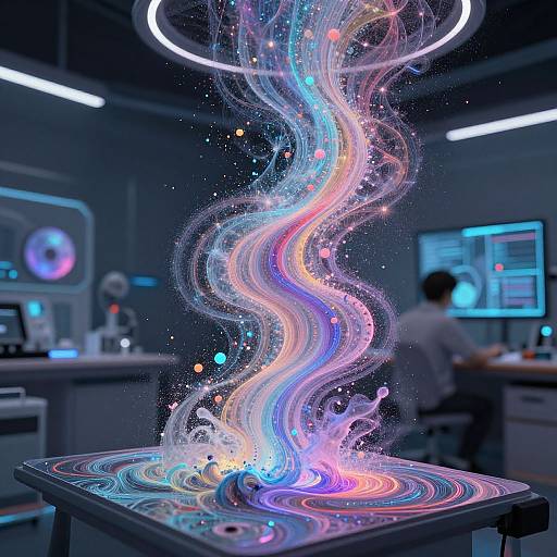 Digital art of a neon, swirling, multicolored light sculpture in a futuristic lab, with a person working in the background.