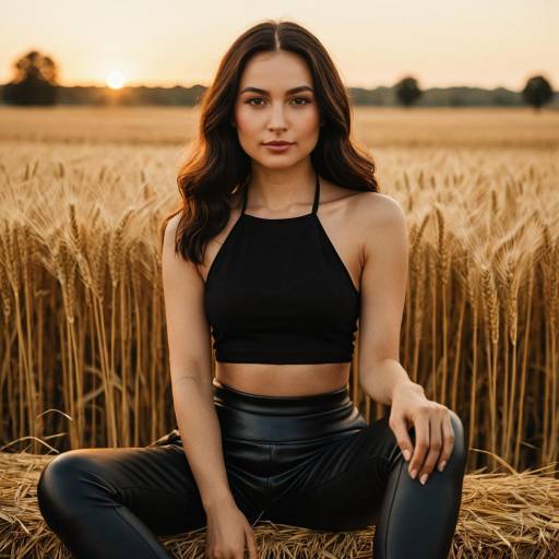 Young Woman in Black Crop Top Sitting in Wheat Field