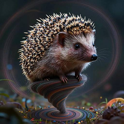 Photorealistic CGI of a spiky hedgehog standing on a twisted spiral rock, glowing in dramatic, dark, circular bokeh background.