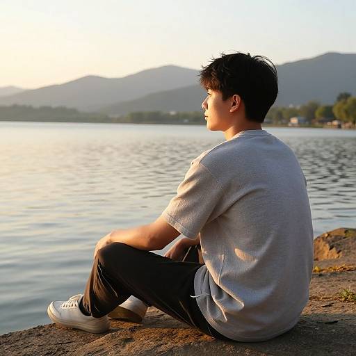 Young Asian man with short black hair, wearing a gray t-shirt and black pants, sits on a rocky lakeside, gazing at the serene water