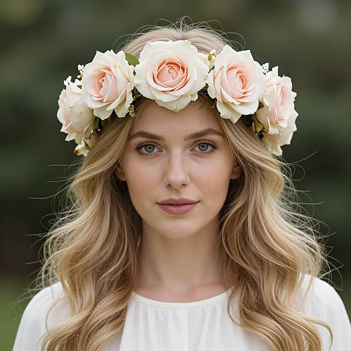Photograph of a young woman with wavy blonde hair, wearing a white dress and a floral crown of pale pink and white roses, against a blurred