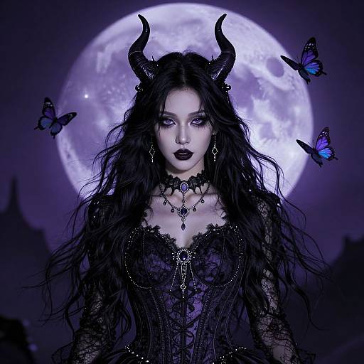 Digital artwork of a pale, dark-haired woman with black horns, gothic lace dress, and black lipstick, under a full moon, surrounded by blue