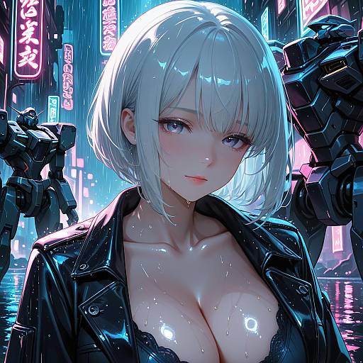 Cyberpunk Woman with Mechas in Rainy Neon City