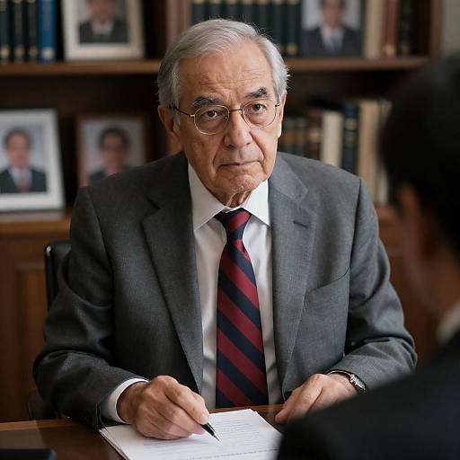 Elderly Man at Desk, Serious Portrait