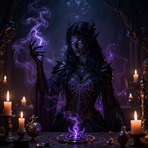 Digital art of a dark elf sorceress with glowing purple eyes, holding a swirling purple flame, surrounded by candles in a mystical, dimly lit