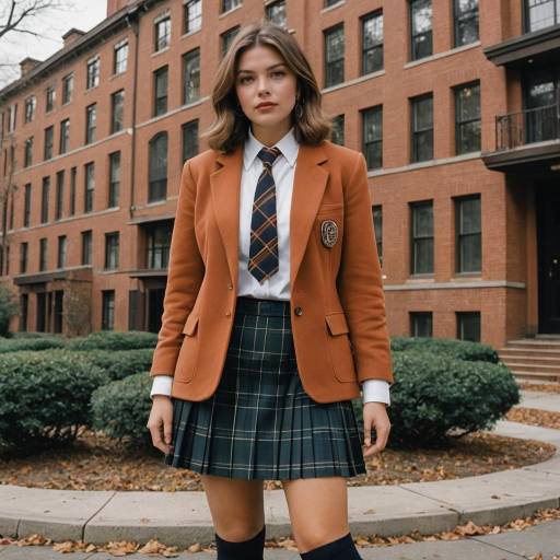 Young Woman in Preppy School Uniform Outside Library