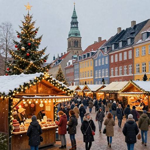 Photograph of a bustling Christmas market with wooden stalls, decorated trees, and colorful buildings, under a snowy, evening sky.