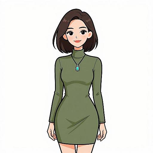 Digital anime-style drawing of a young woman with short black hair, wearing a green long-sleeve dress and a turquoise pendant, standing against a white