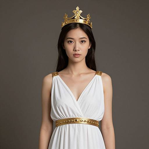 East Asian woman with long black hair, wearing a gold crown and white, sleeveless, V-neck dress with a gold belt, standing against a dark
