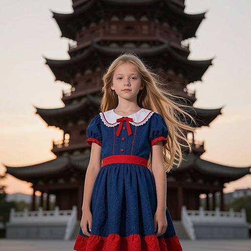 Young Girl in Blue and Red Dress by Pagoda