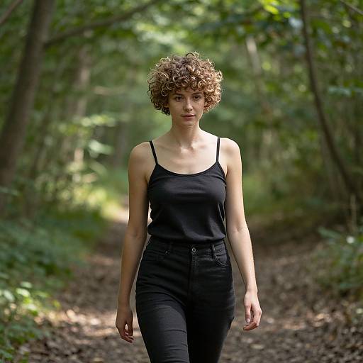 Woman with Curly Pixie in Forest