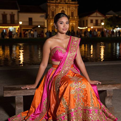 Photograph of a beautiful Indian woman with medium brown skin, dark hair in an elegant updo, wearing a vibrant orange and pink traditional saree with