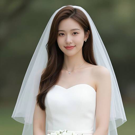 Photograph of an Asian bride with long brown hair, wearing a white strapless wedding dress and sheer veil, smiling against a blurred green outdoor background.