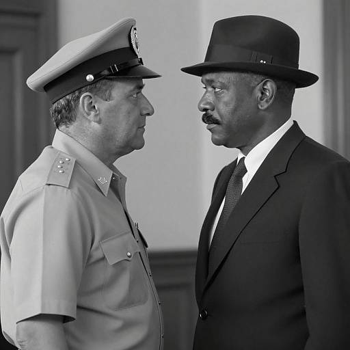 Black and White Portrait of Two Men Facing Each Other