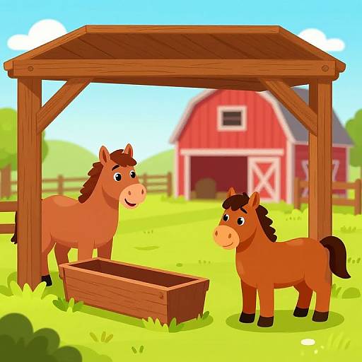 Cartoon-style image of two cute brown horses under a wooden shelter, looking at a wooden trough, with a red barn in the sunny, green field