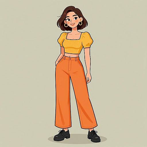 Digital illustration of a smiling woman with short brown hair, wearing a yellow crop top, orange high-waisted pants, and black shoes. She has