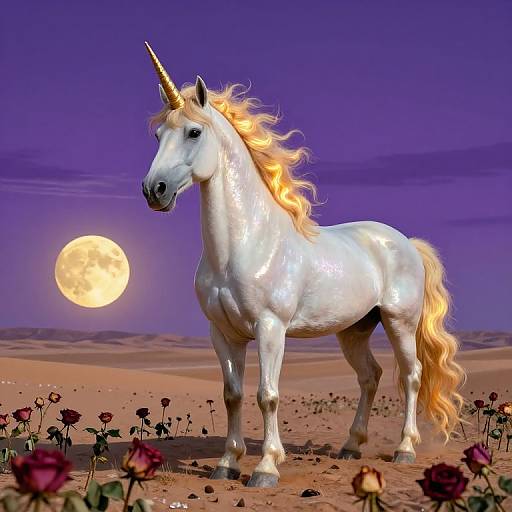 Photorealistic digital artwork of a white unicorn with a golden mane and horn standing in a desert under a purple twilight sky with a full moon and red